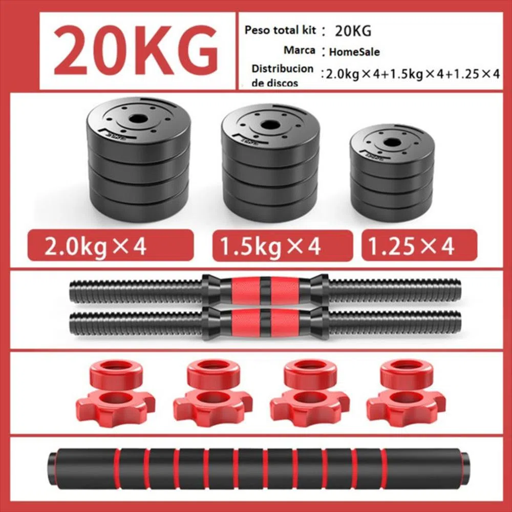 Kit Mancuernas 20kg Discos Termoforrados Barra Extensora Seguros