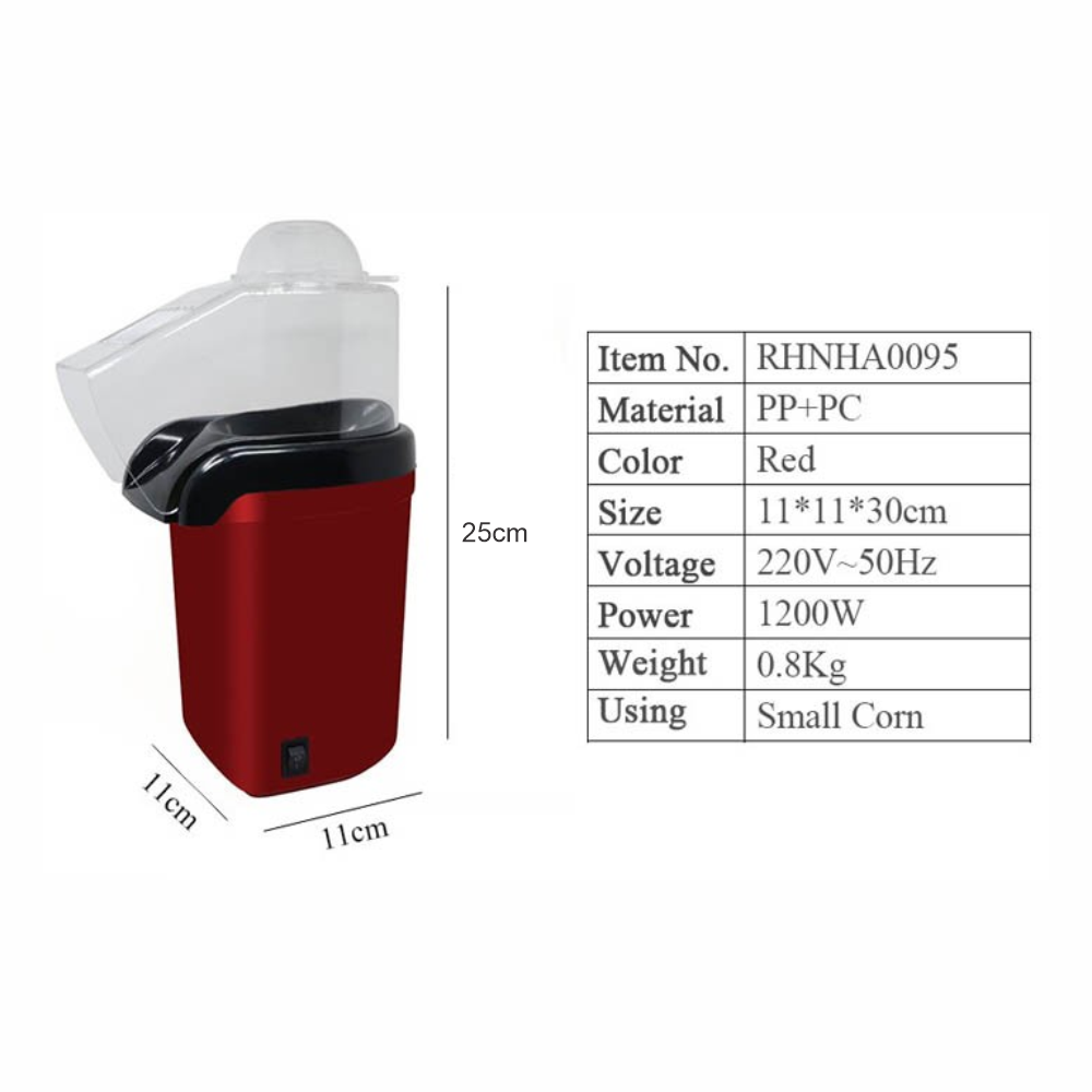 Crispetera Eléctrica Aire Caliente Palomitas 1200W Roja Taza Medidora