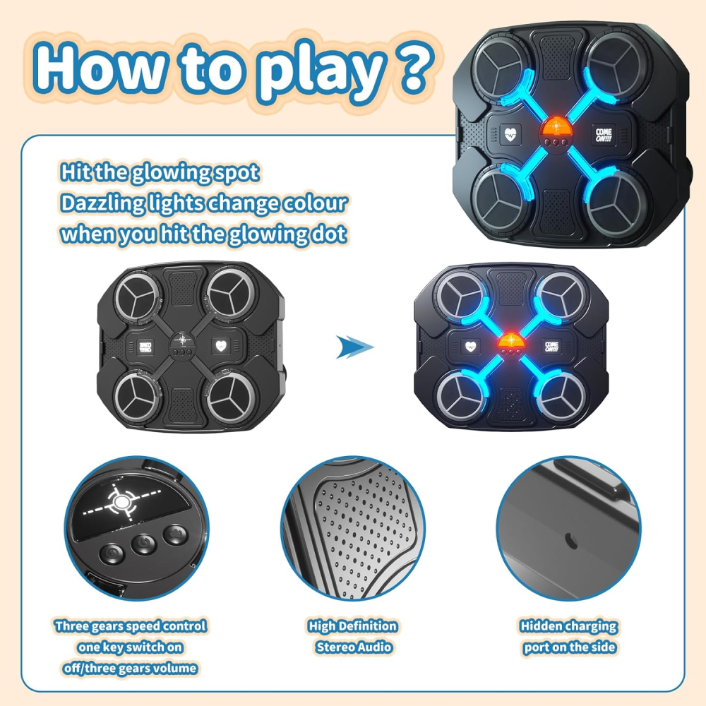 Máquina Boxeo Musical Niños Bluetooth LED Guantes Pared Juego Reflejos