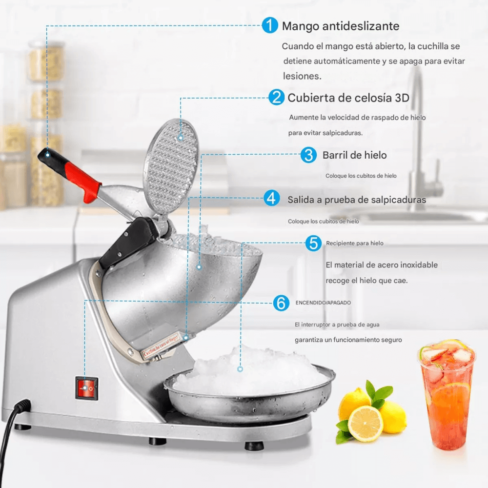 Máquina Trituradora Hielo Eléctrica Acero Inoxidable Raspado Comercial