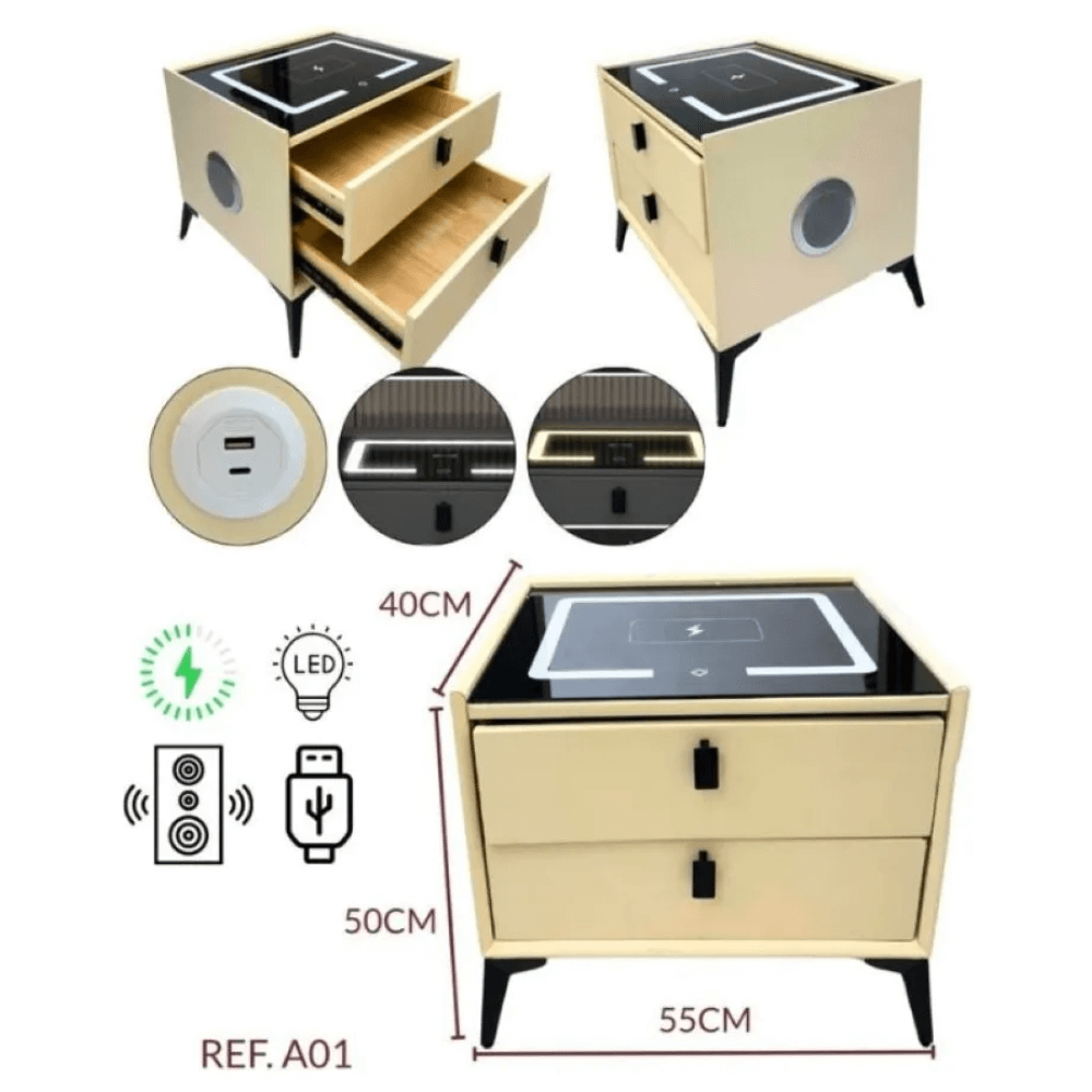 Mesa Noche Inteligente Carga Inalámbrica USB LED Parlante Bluetooth