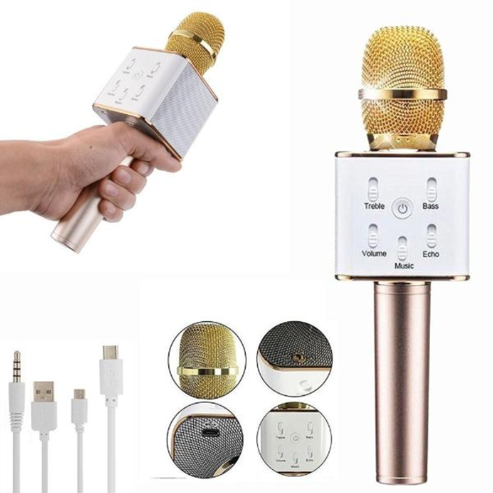 Micrófono Karaoke Bluetooth Q7 Parlante Integrado Inalámbrico Aluminio