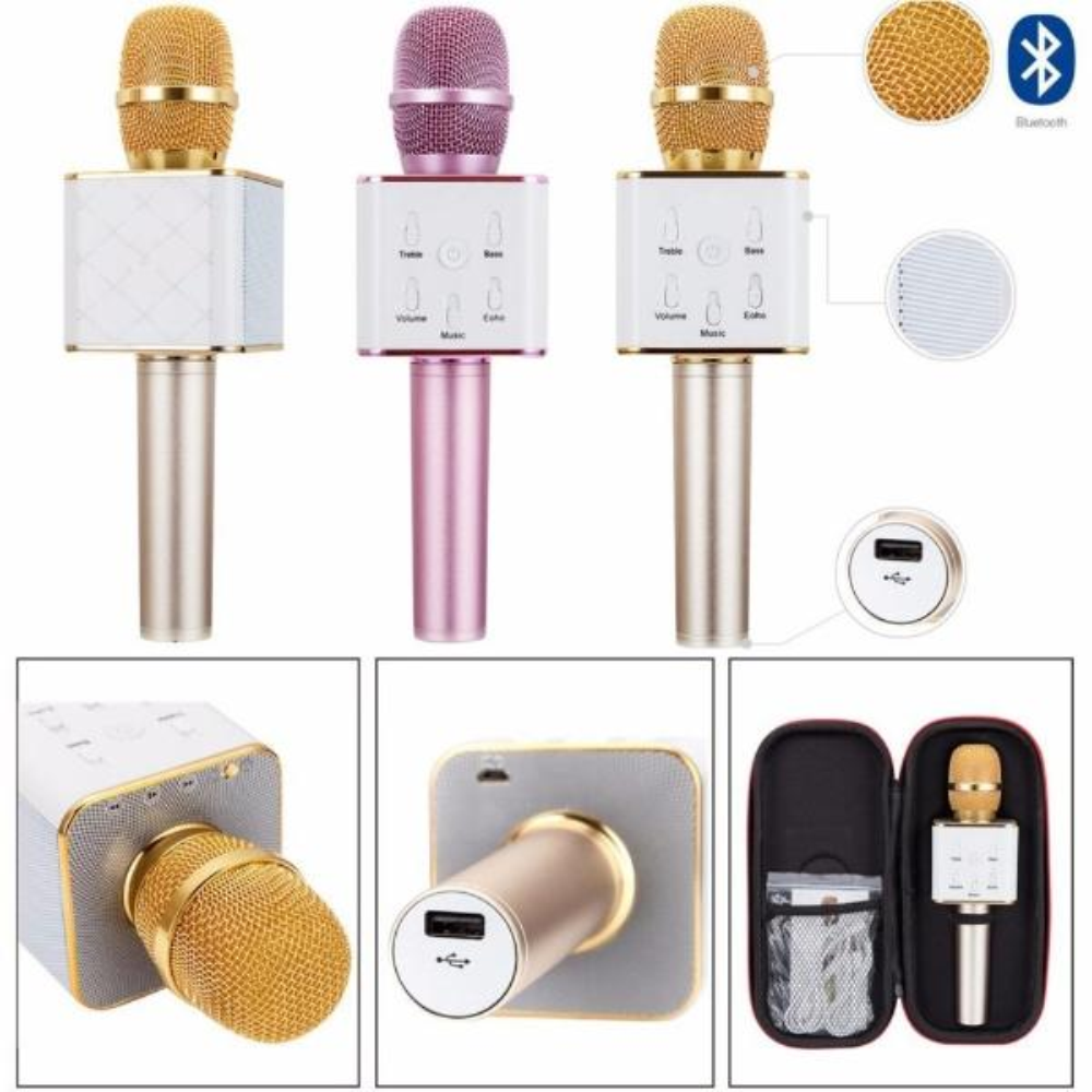 Micrófono Karaoke Bluetooth Q7 Parlante Integrado Inalámbrico Aluminio