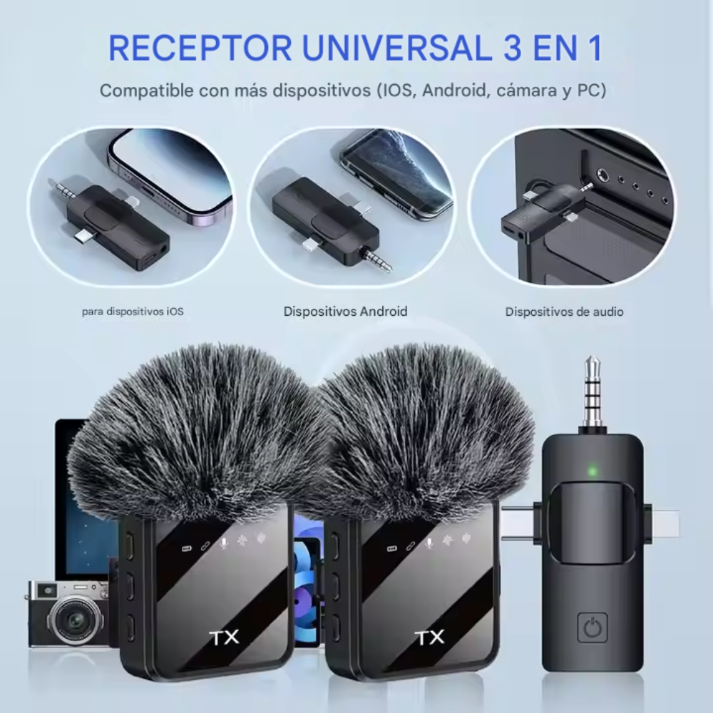 Micrófono Solapa Inalámbrico Doble F11 3x1 iPhone Android PC Cámara