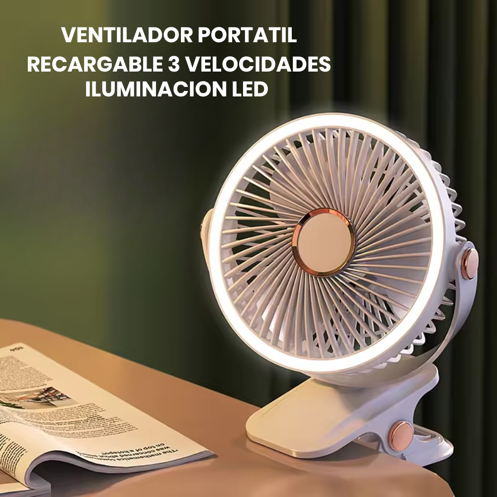Mini Ventilador Pinza Recargable Luz LED 3 Velocidades Cabezal USB