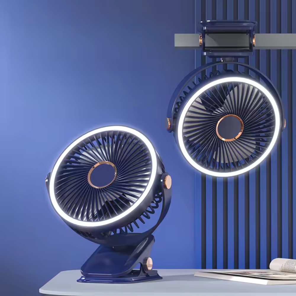 Mini Ventilador Pinza Recargable Luz LED 3 Velocidades Cabezal USB