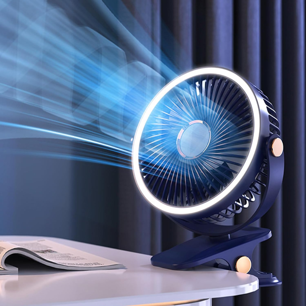 Mini Ventilador Pinza Recargable Luz LED 3 Velocidades Cabezal USB