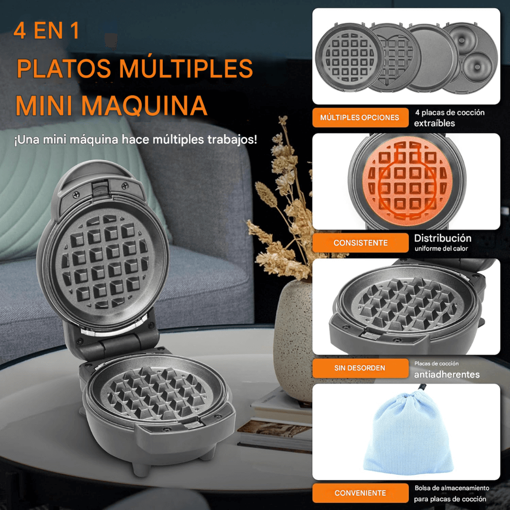 Mini Waflera Donera 4x1 Placas Intercambiables Corazón Paninis Snacks