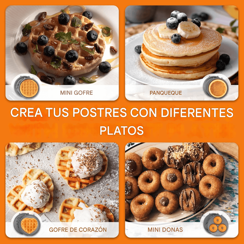 Mini Waflera Donera 4x1 Placas Intercambiables Corazón Paninis Snacks