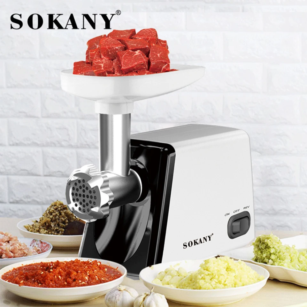 Molino Eléctrico Carne Maíz 2500W Sokany Embutidor 3 Discos Reversa