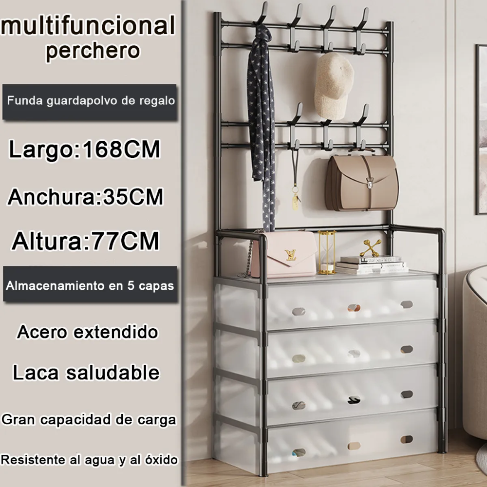 Zapatero Perchero Metálico Guardapolvo 4 Niveles 4 Cajones Entrada