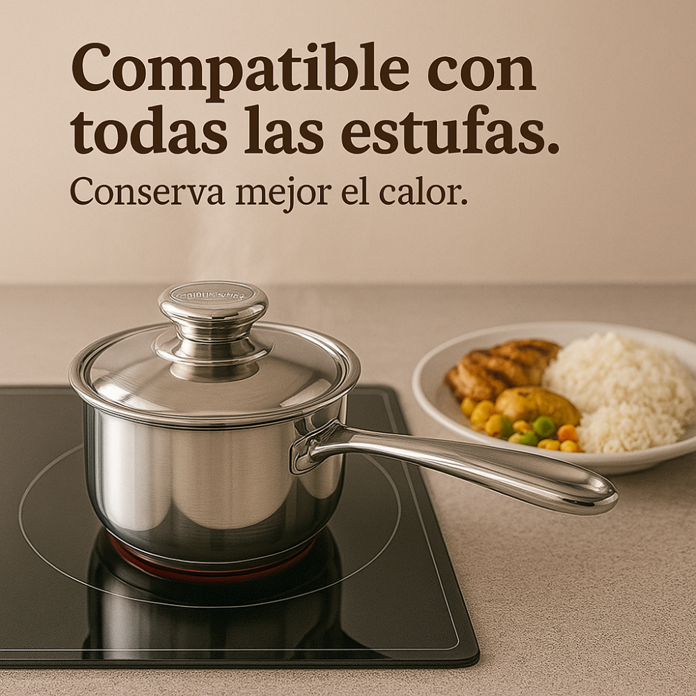 Olla Acero Quirúrgico 1 Litro Premium Tapa Inducción 18/10 Espejo