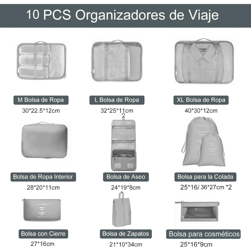 Organizador Maleta Viaje Kit 10 Bolsas Impermeable Zapatos Cosméticos
