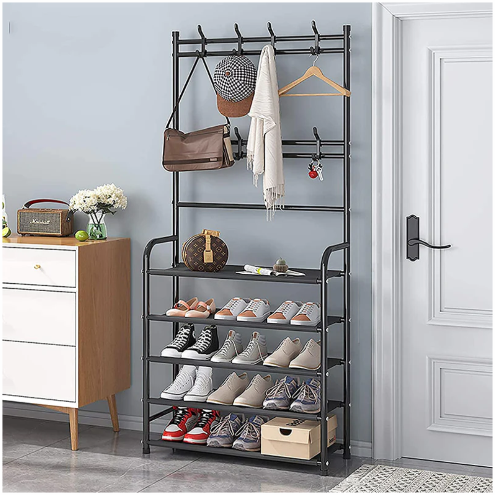 Perchero Zapatero Multifuncional 5 Niveles 170x60cm 4 Ganchos Tela