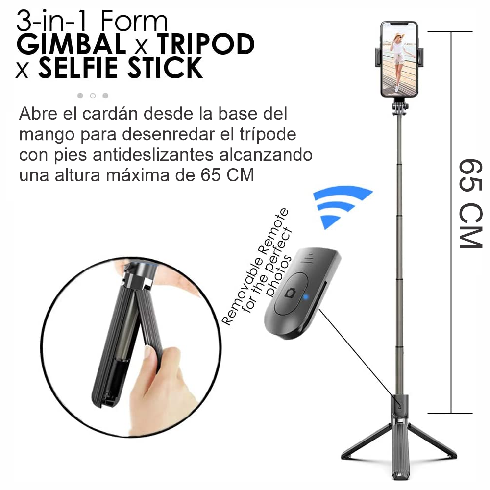 Palo Selfie Gimbal H5 Trípode 3x1 Control Bluetooth Extensible 65cm