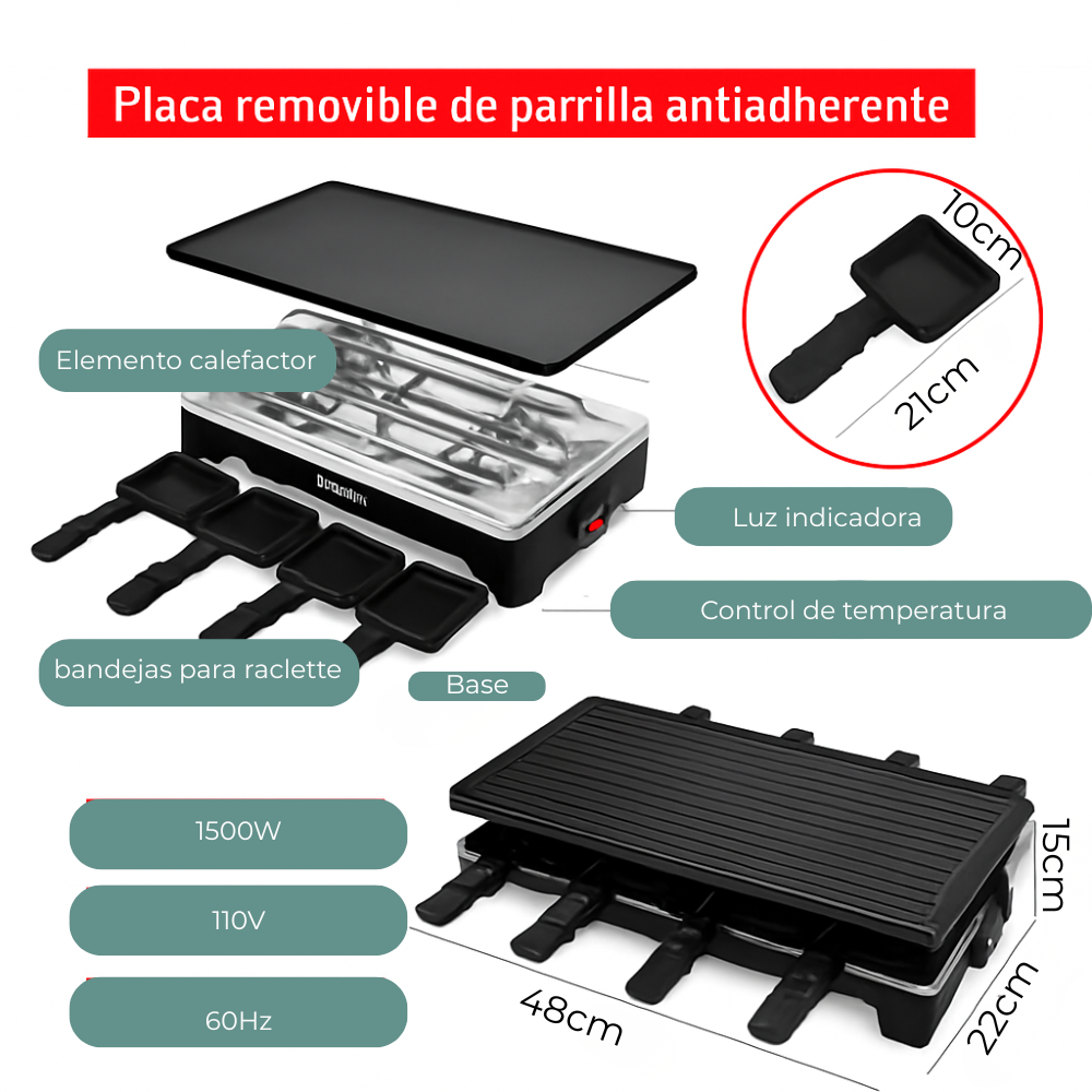 Parrilla Eléctrica Asador Plancha Grill Raclette 1500W Antiadherente