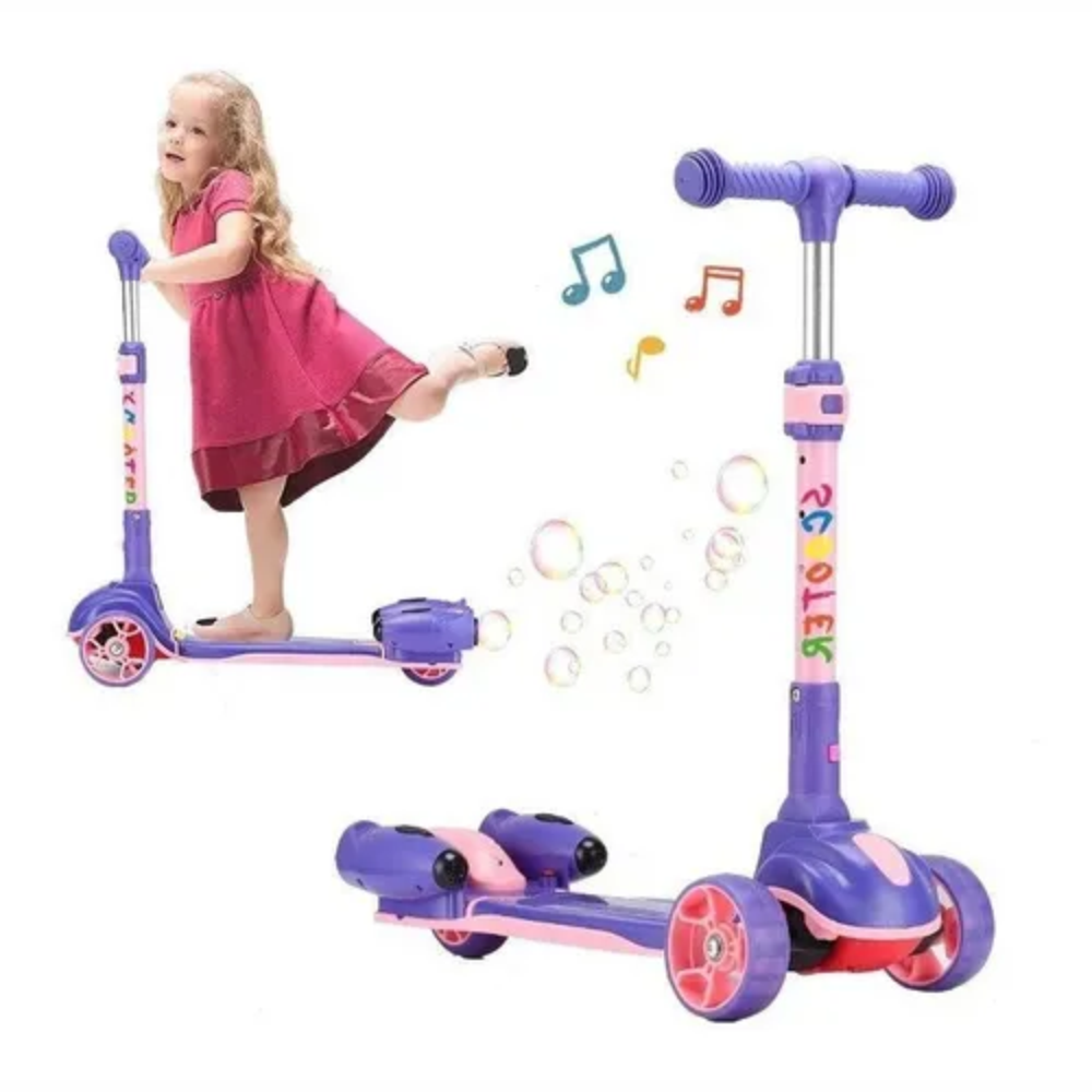Scooter Niños Burbujas Música Luces LED 3 Ruedas Plegable Ajustable