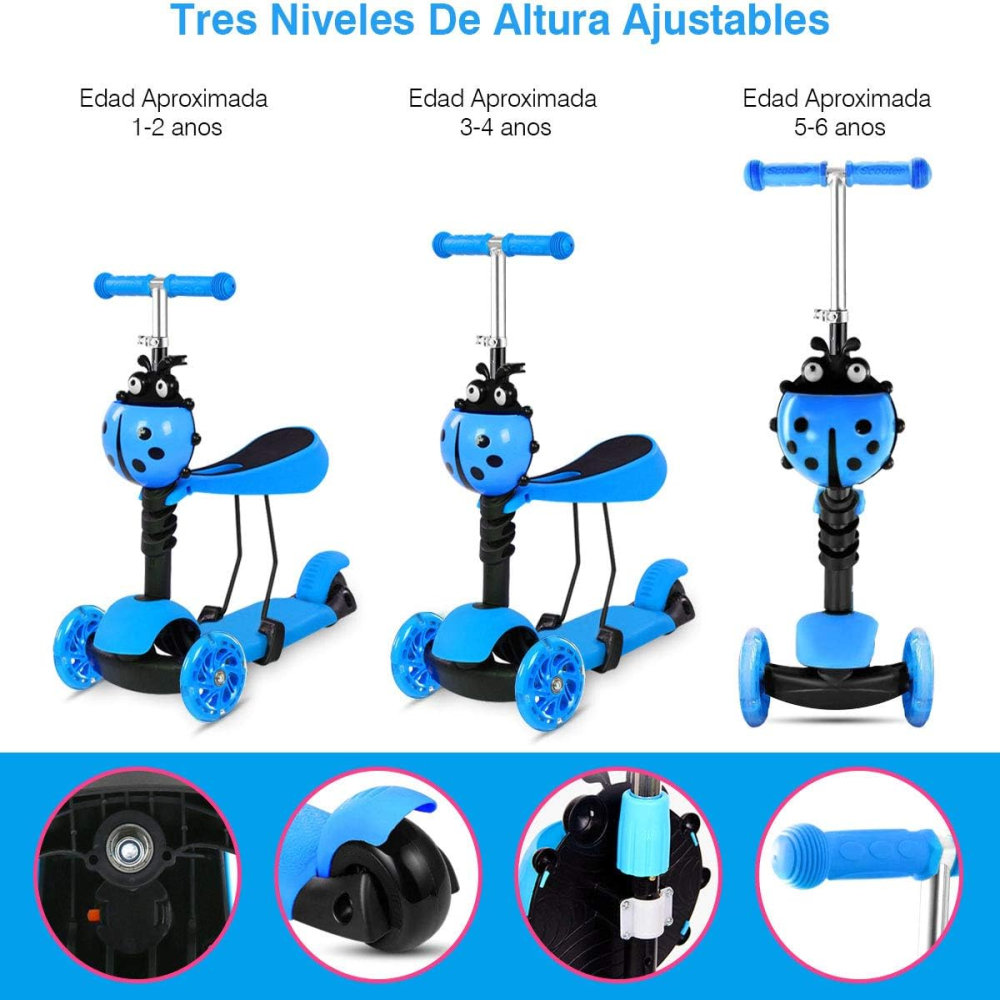 Scooter Niños 3x1 Mariquita Asiento Ajustable Luces LED Plegable