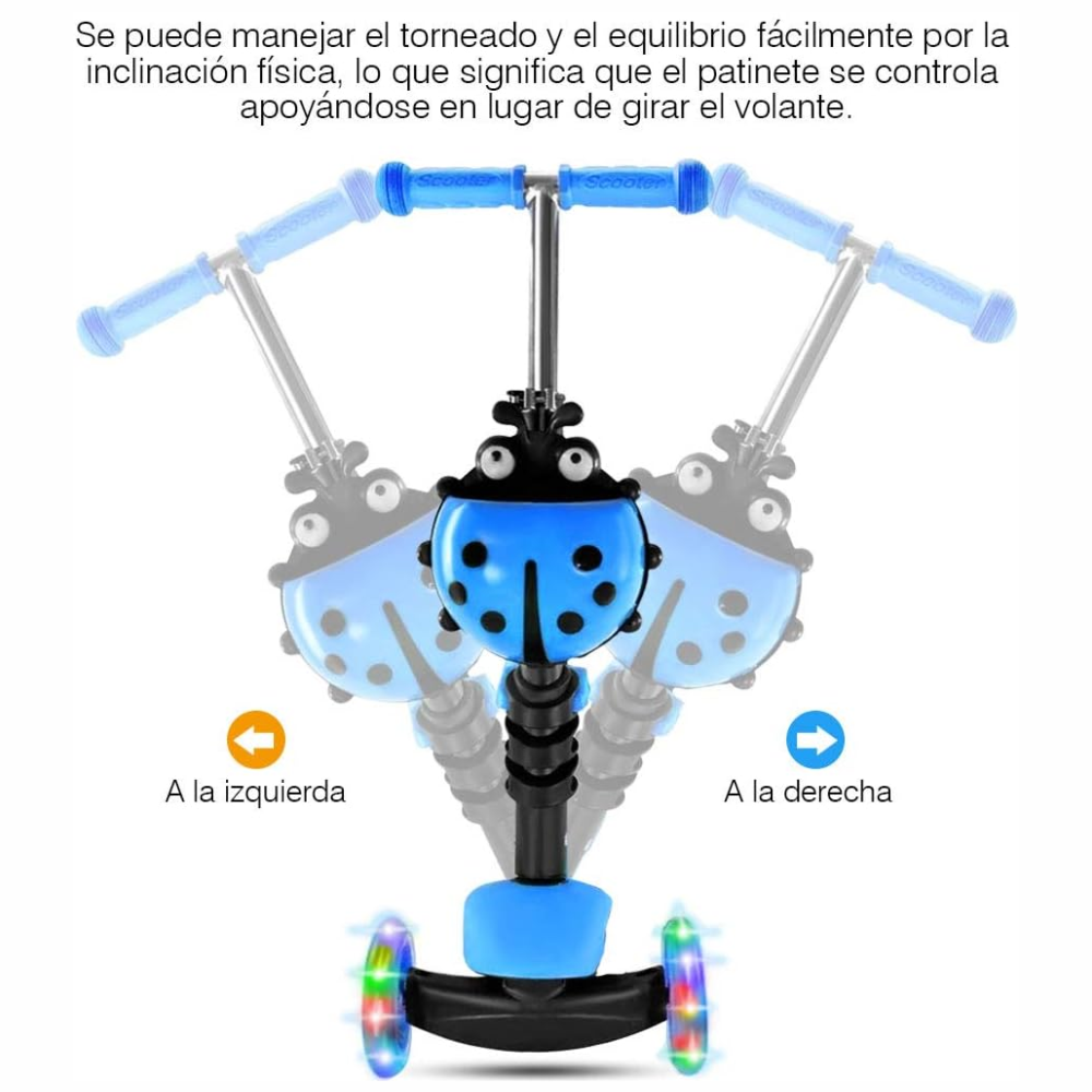 Scooter Niños 3x1 Mariquita Asiento Ajustable Luces LED Plegable
