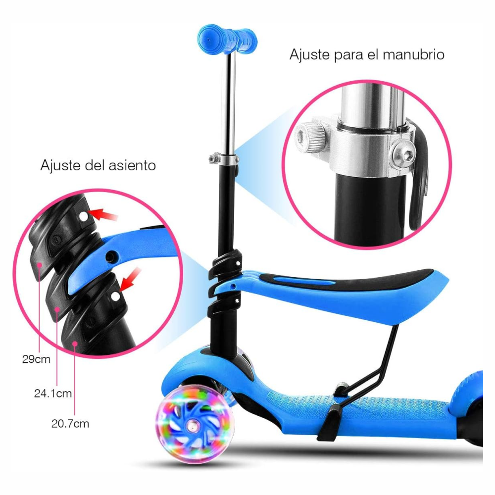 Scooter Niños 3x1 Mariquita Asiento Ajustable Luces LED Plegable