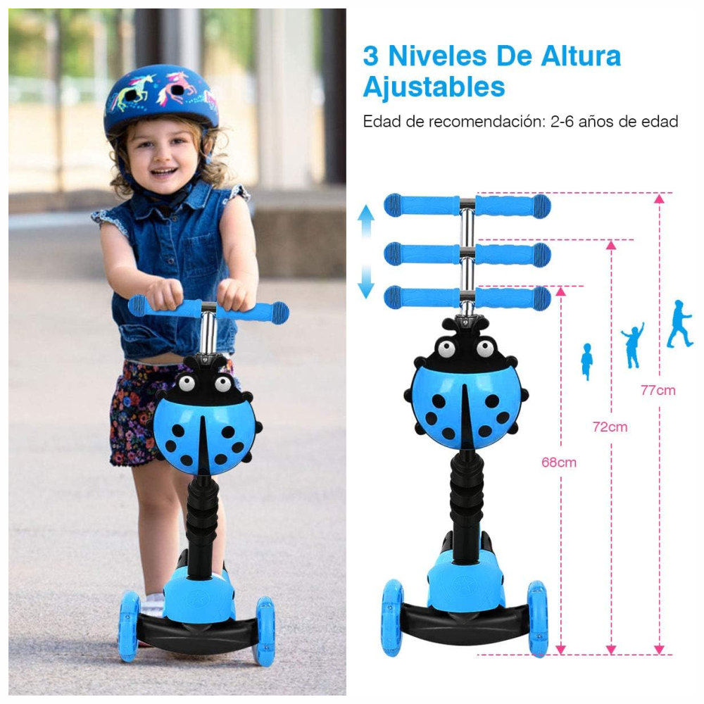 Scooter Niños 3x1 Mariquita Asiento Ajustable Luces LED Plegable