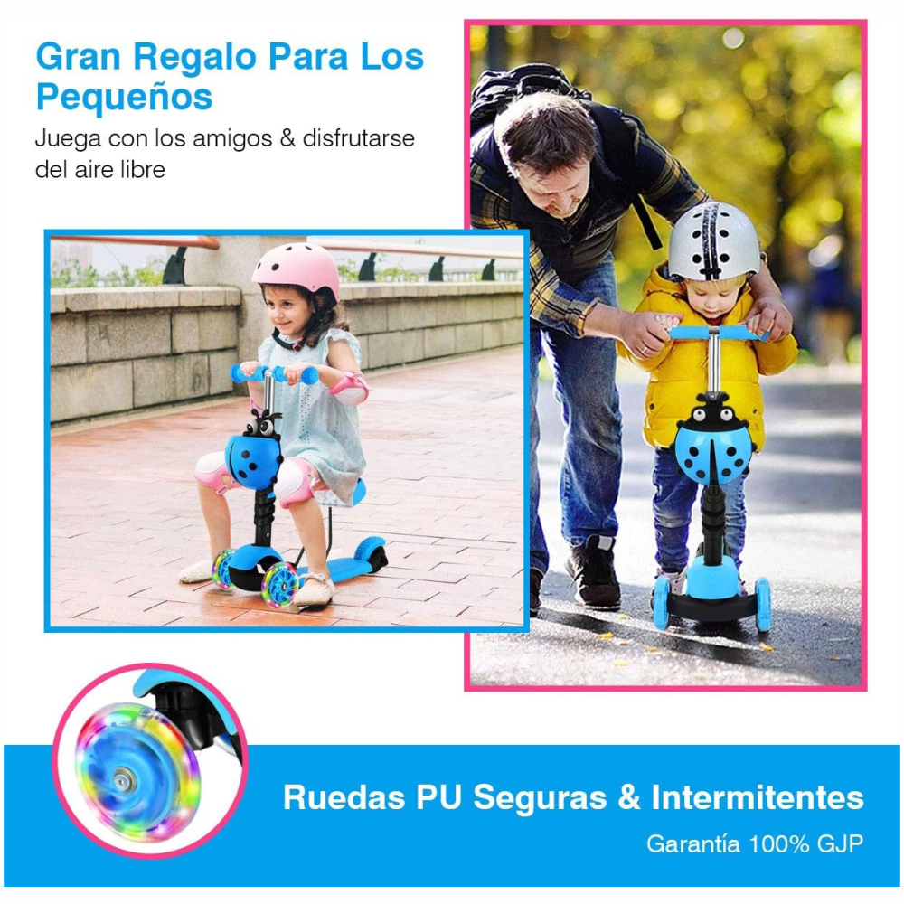 Scooter Niños 3x1 Mariquita Asiento Ajustable Luces LED Plegable