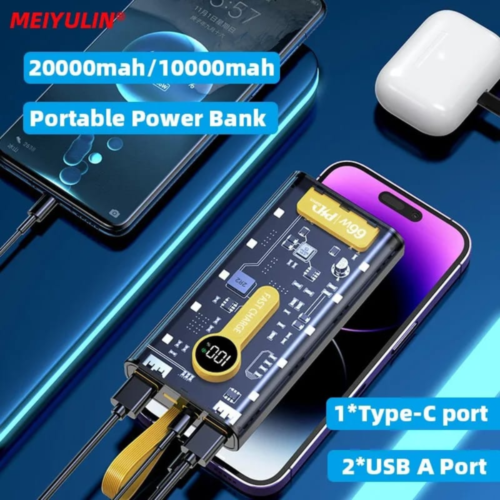 Power Bank 20000mAh 2 Puertos USB Entrada Tipo C Luces LED Portátil