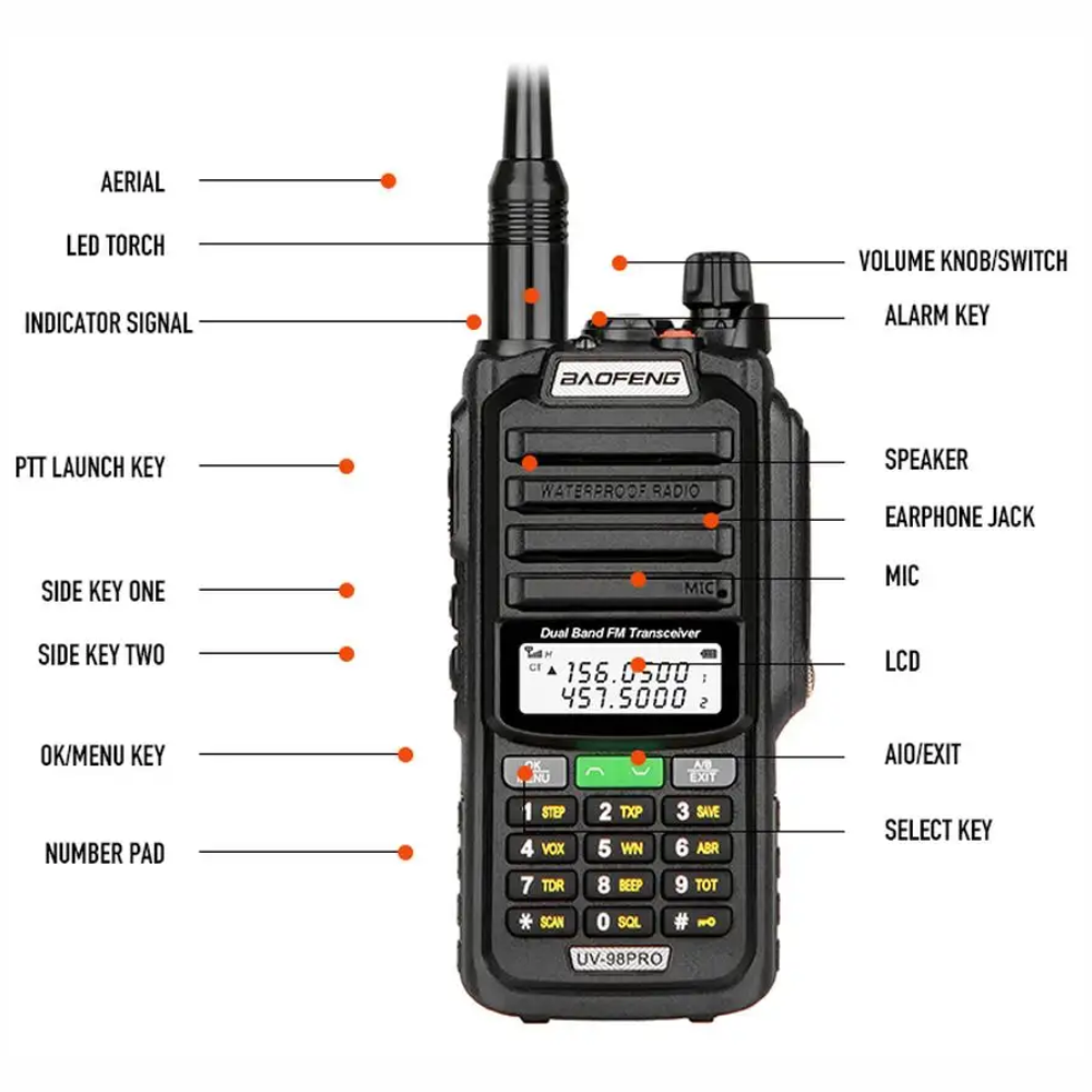 Radio Walkie Talkie Baofeng UV98 Pro Doble Banda 10W IP68 Linterna