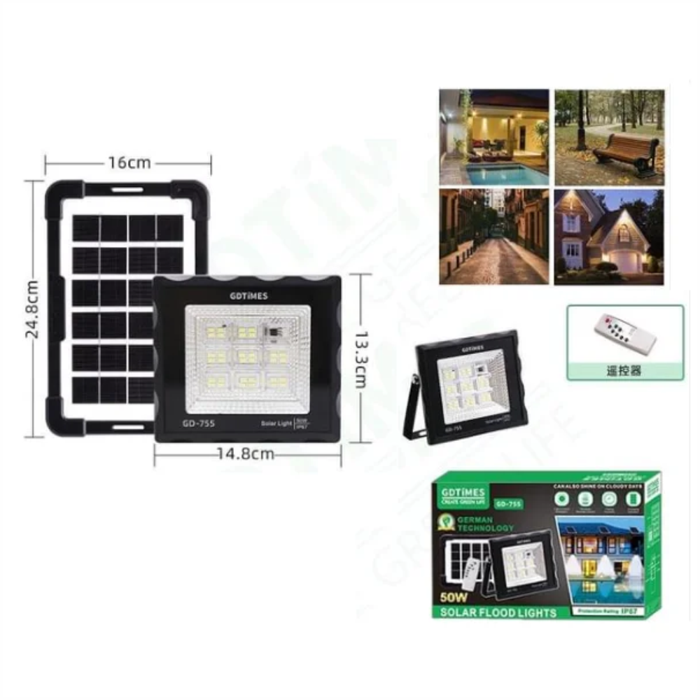 Reflector Solar 50W Panel 12W Control Remoto GD Plus GD755 IP65 6500K