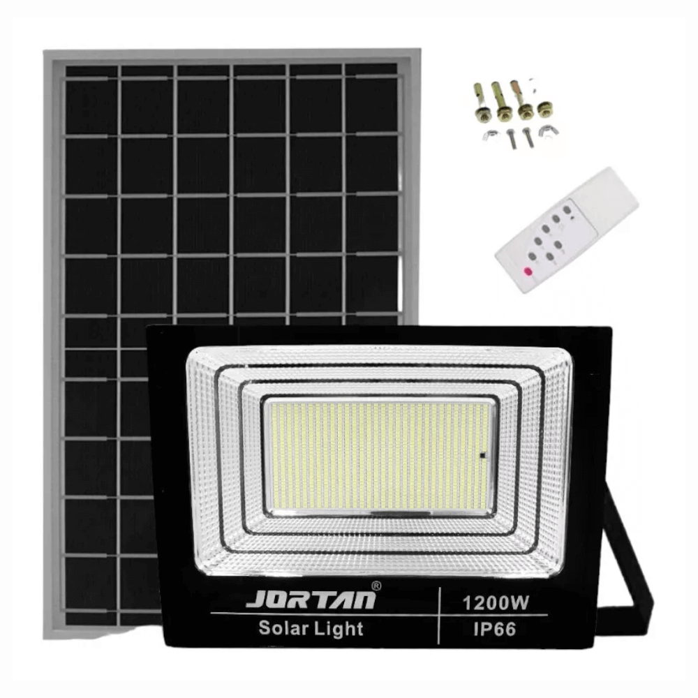 Reflector Solar LED 1200W Jortan Fotocelda Control Remoto IP66 Panel