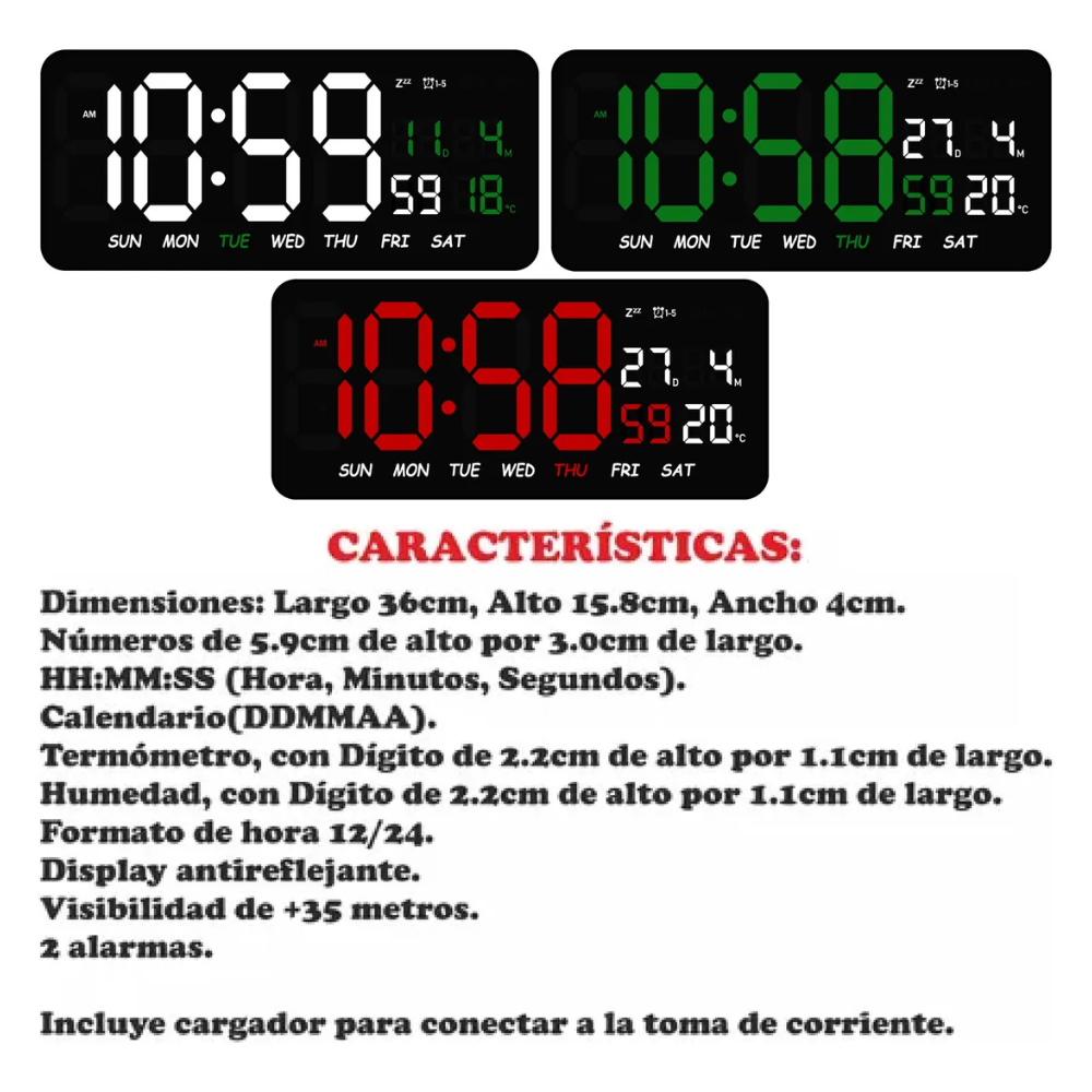 Reloj Digital Pared LED Calendario Temperatura Humedad Alarma Mesa