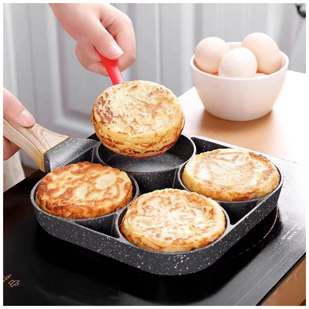 Sartén 4 Puestos Antiadherente Huevos Arepas Pancakes Mármol Mango
