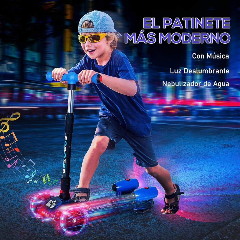 Scooter Niños Humo Niebla Bluetooth Música Luces LED 3 Ruedas Plegable