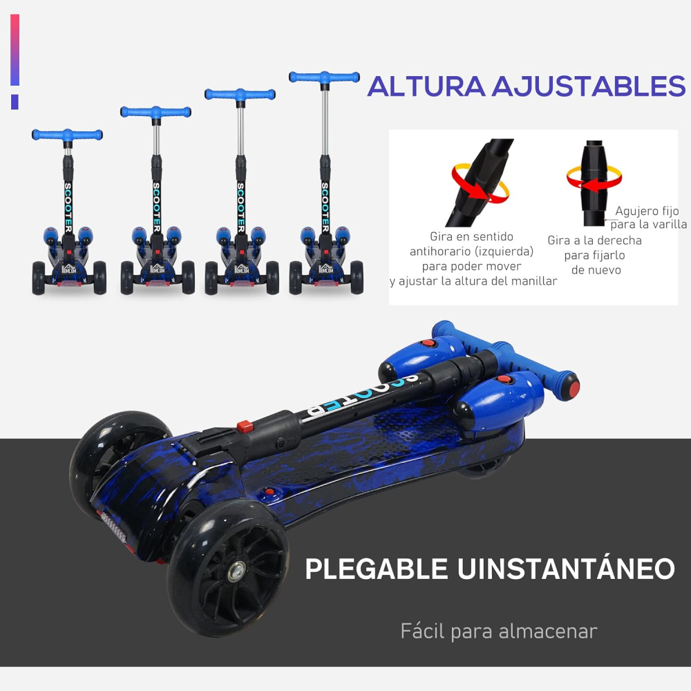 Scooter Niños Humo Niebla Bluetooth Música Luces LED 3 Ruedas Plegable