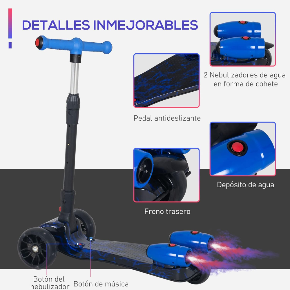 Scooter Niños Humo Niebla Bluetooth Música Luces LED 3 Ruedas Plegable