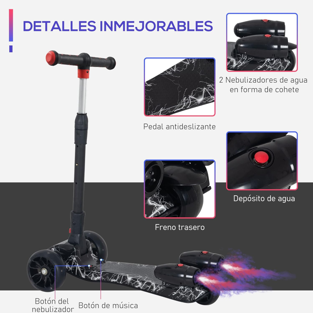 Scooter Niños Humo Niebla Bluetooth Música Luces LED 3 Ruedas Plegable