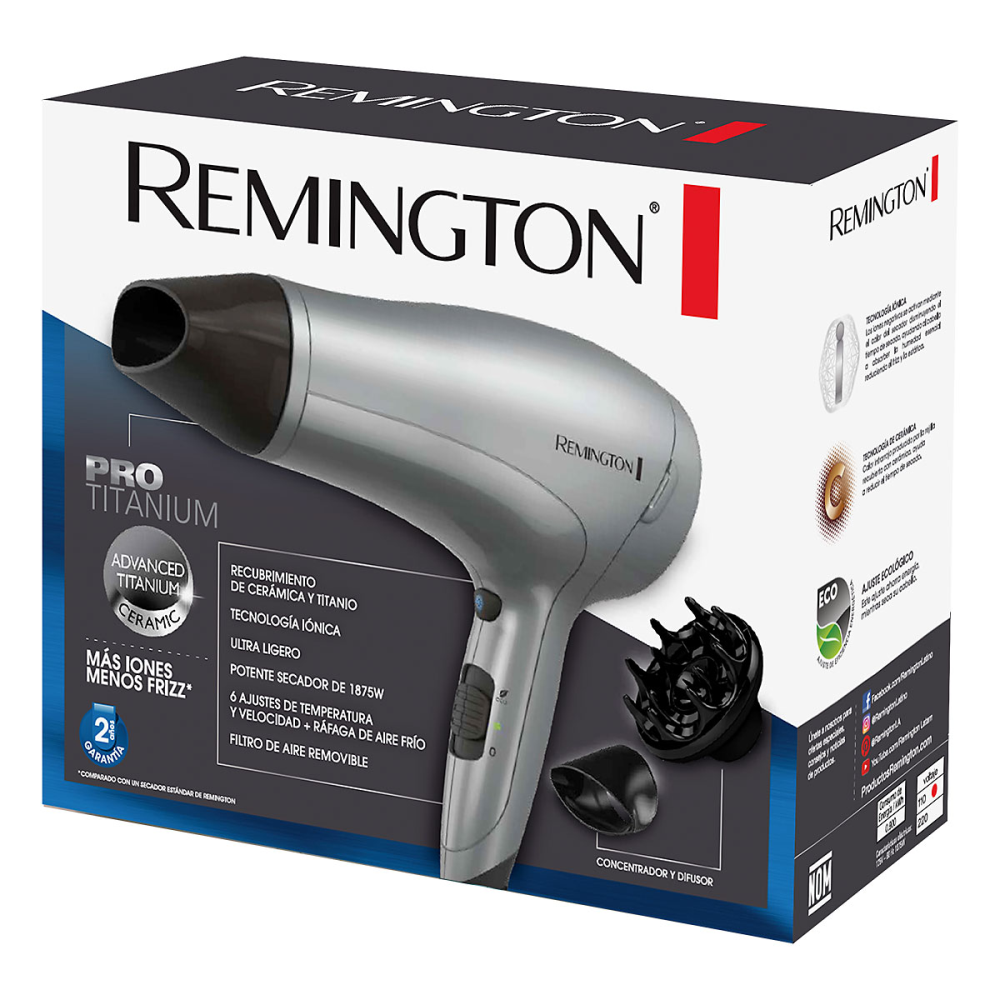 Secador Cabello Remington D3019 Pro Titanium Iónico 1875W Cerámica