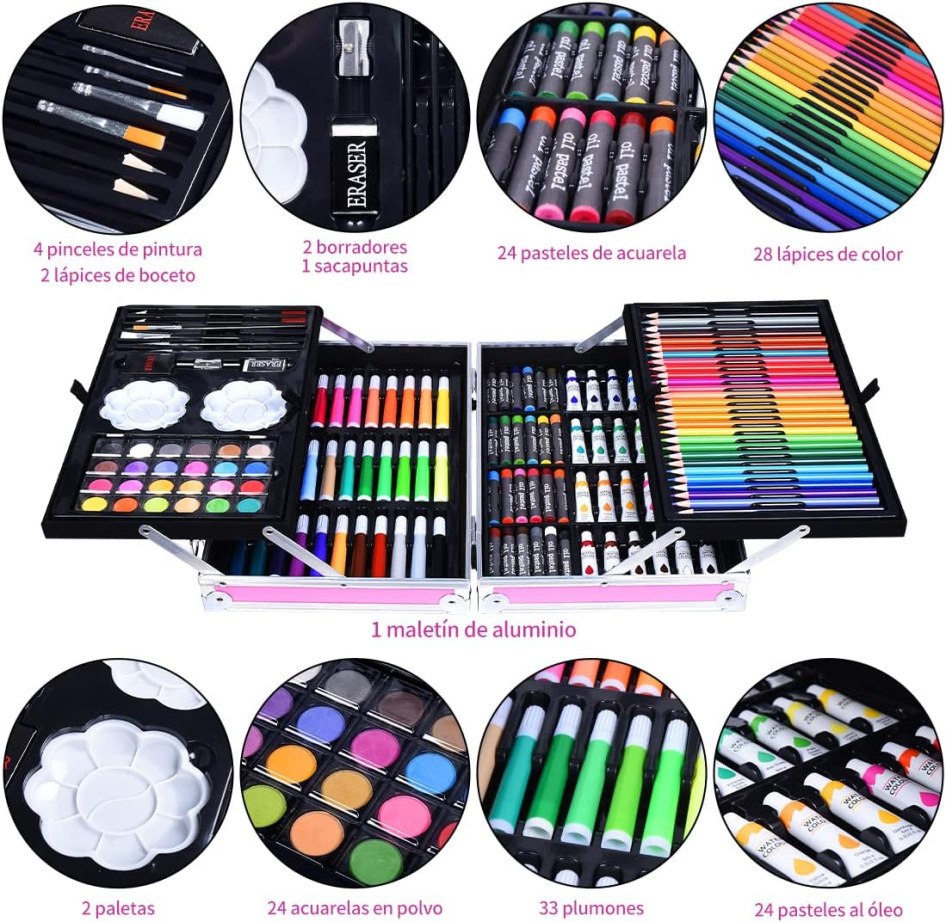 Set Arte Niños 145 Piezas Maletín Aluminio Colores Acuarelas Pinceles