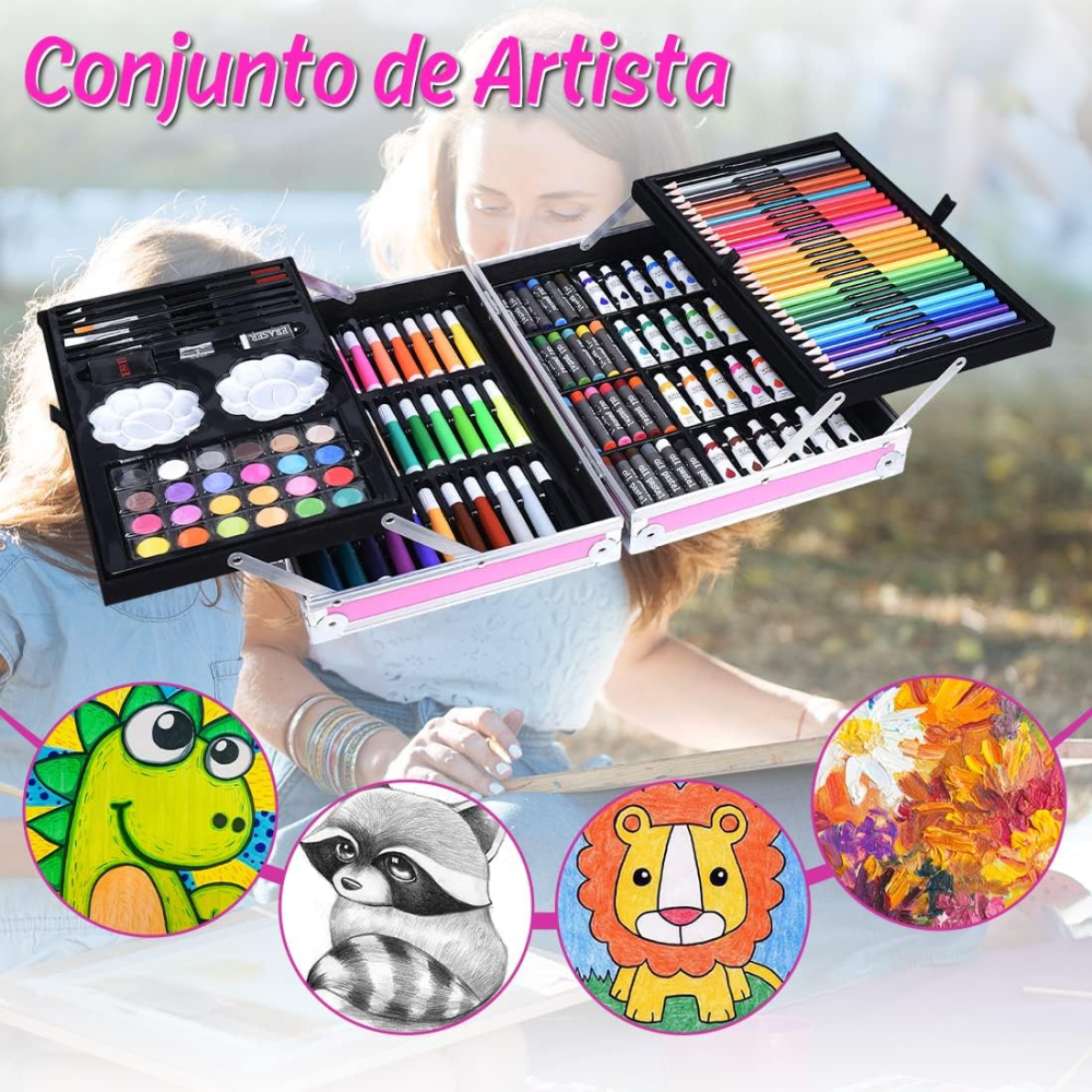 Set Arte Niños 145 Piezas Maletín Aluminio Colores Acuarelas Pinceles