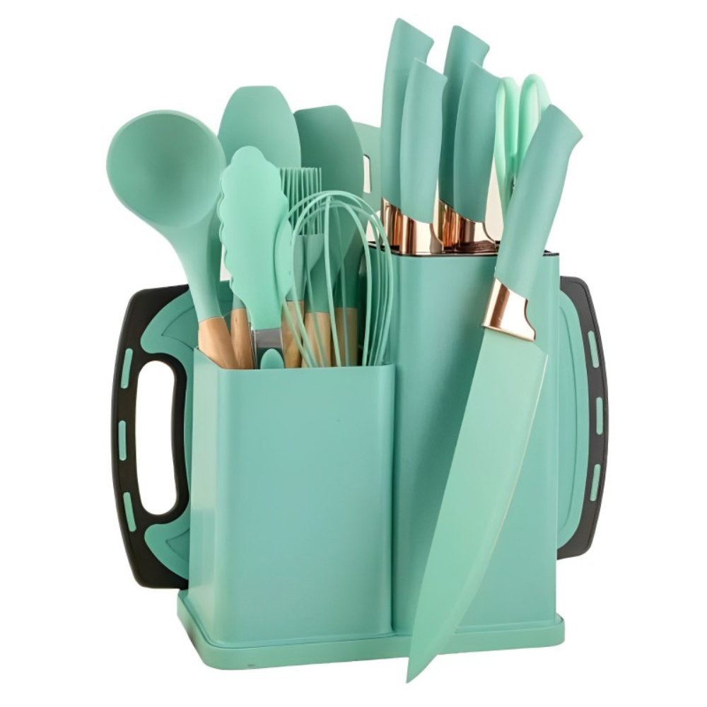 Set Utensilios Cocina Silicona 19 Piezas Cuchillos Tabla Resistente