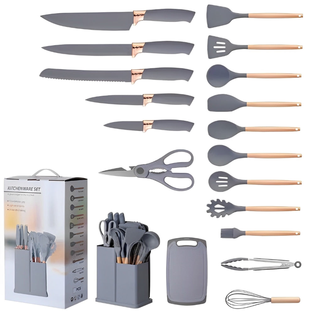 Set Utensilios Cocina Silicona 19 Piezas Cuchillos Tabla Resistente