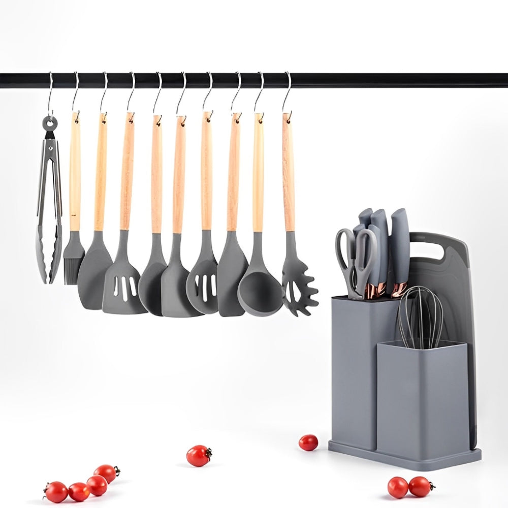 Set Utensilios Cocina Silicona 19 Piezas Cuchillos Tabla Resistente