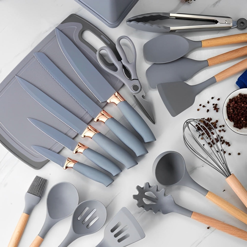 Set Utensilios Cocina Silicona 19 Piezas Cuchillos Tabla Resistente