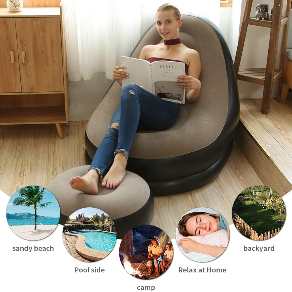 Sillón Inflable Sofá Portátil 2x1 Reposapiés Flocado PVC Jardín