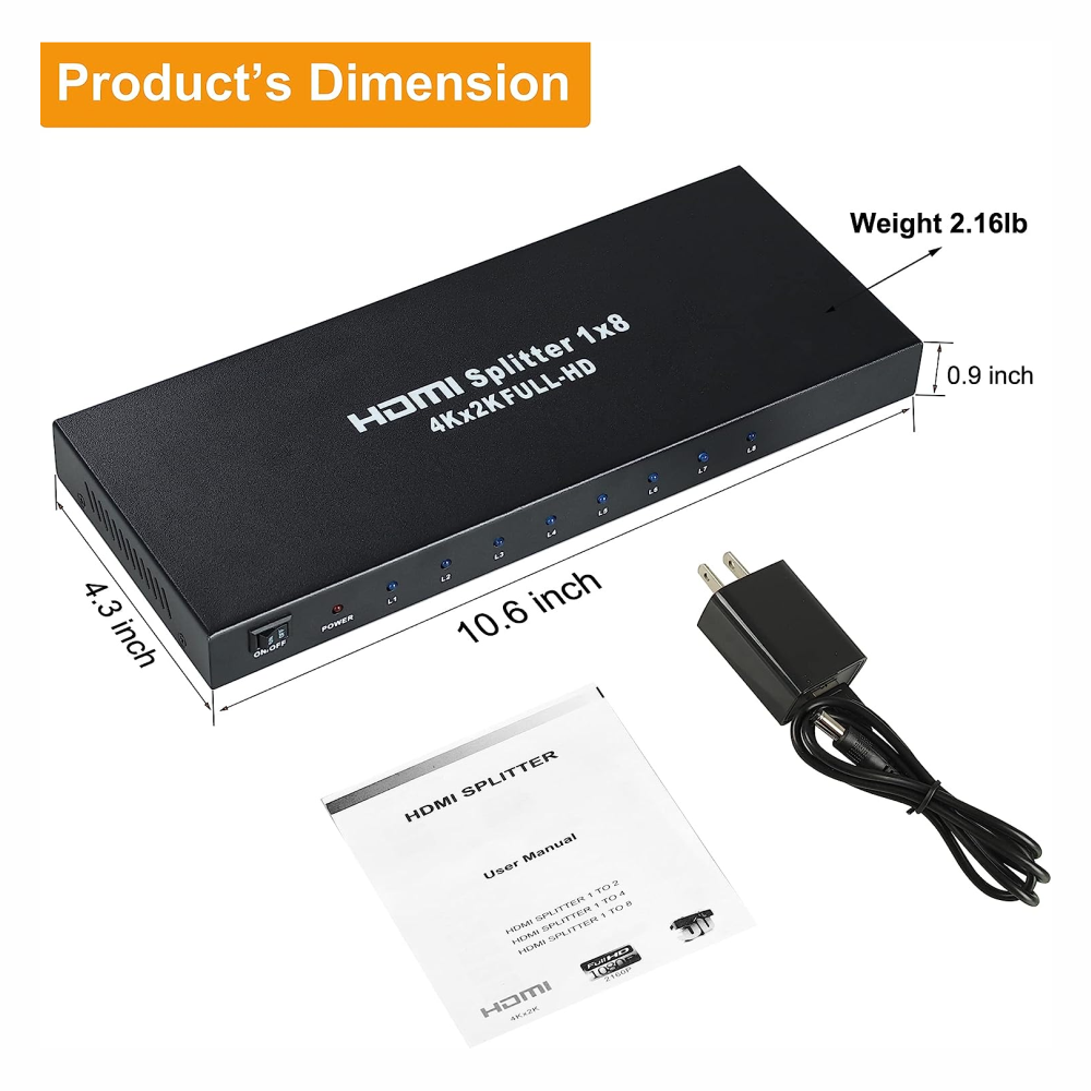 Divisor Splitter HDMI 1x8 4K 3D 8 Pantallas Carcasa Metálica Adaptador