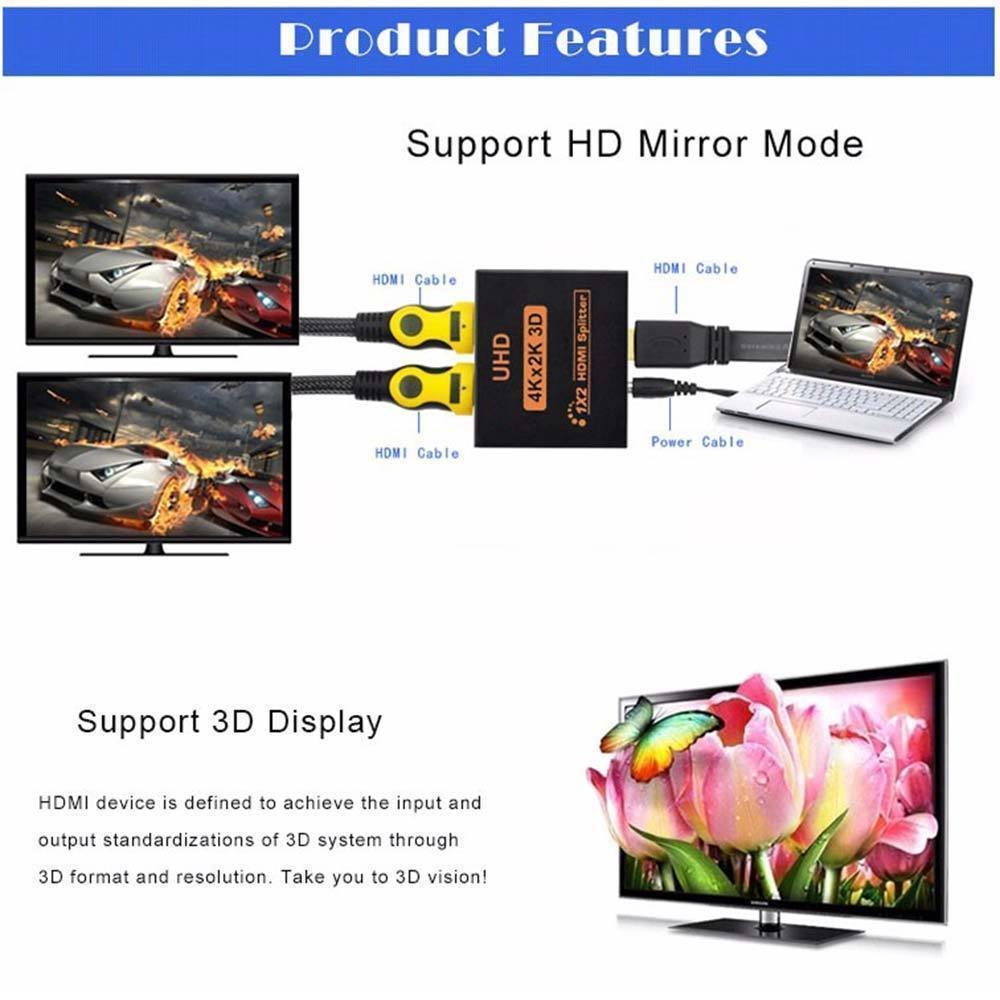 Splitter HDMI 1x2 Divisor 4K 3D 2 Pantallas Duplicador Señal Video