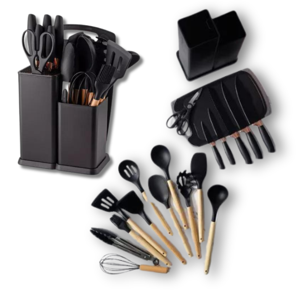 Set Utensilios Cocina Silicona 19 Piezas Cuchillos Tabla Resistente