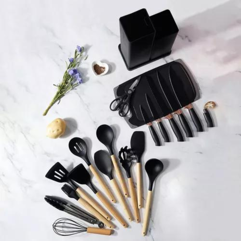 Set Utensilios Cocina Silicona 19 Piezas Cuchillos Tabla Resistente