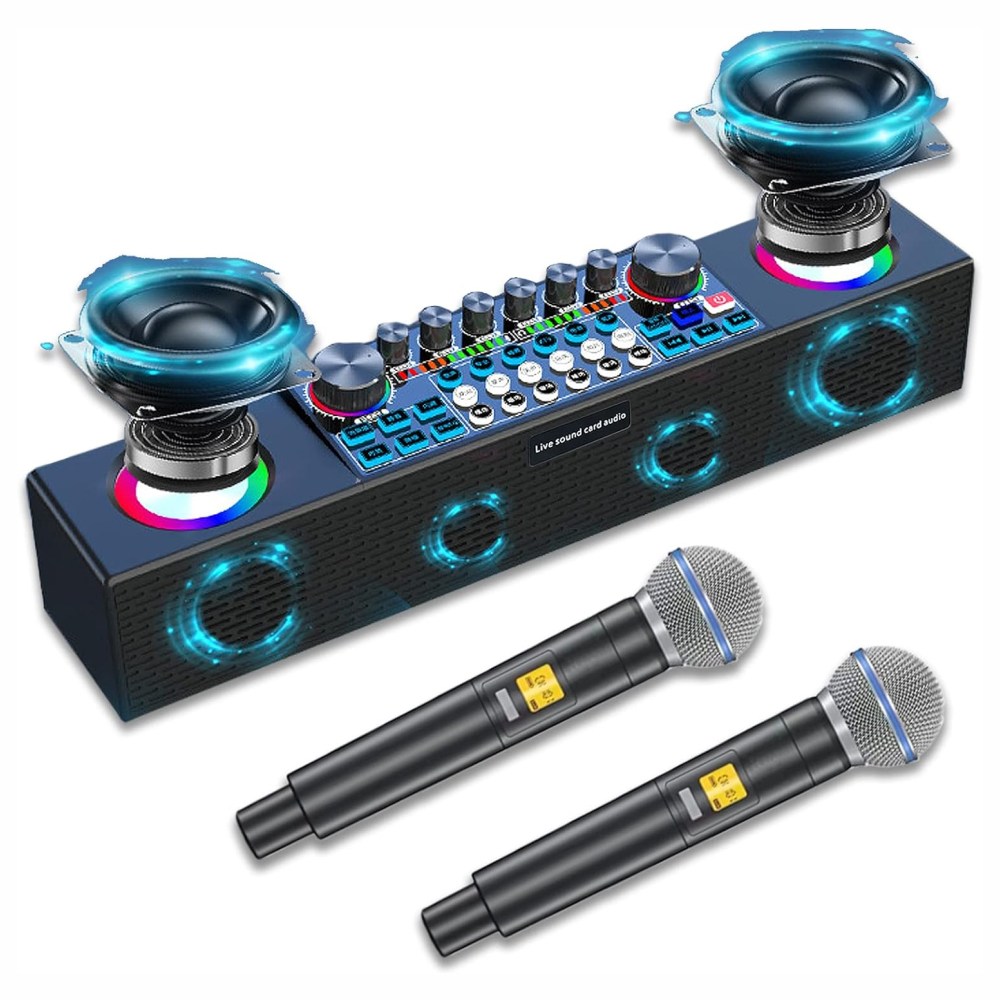 Parlante Karaoke Bluetooth Tarjeta Sonido Mezclador 2 Micrófonos UHF