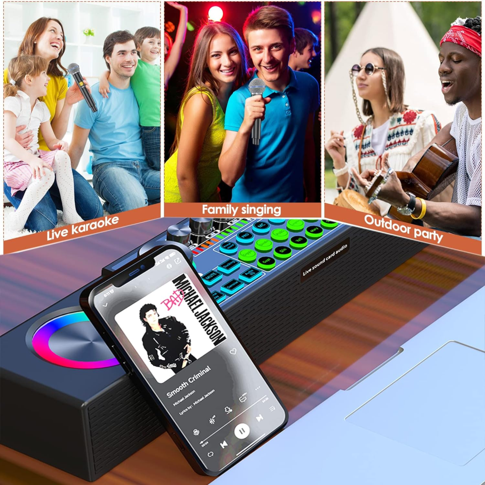 Parlante Karaoke Bluetooth Tarjeta Sonido Mezclador 2 Micrófonos UHF